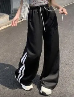 黒 ストライプ ワイドパンツ