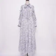 美品 アプワイザーリッシェ ジャガードプリントワンピース 花柄 青2*LD418