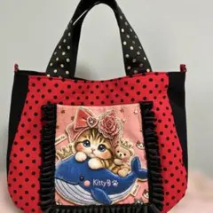 パネル生地 黒猫 デニムフリルトートバッグ - メルカリ