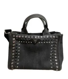 【極美品】PRADA プラダ カナパ デニム ハンドバッグ BLK 国内正規 PRADA プラダ カナパ ブラック デニム ロボット ストラップ付