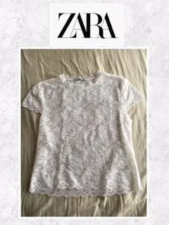 ZARA 花柄　レーストップス　ホワイト