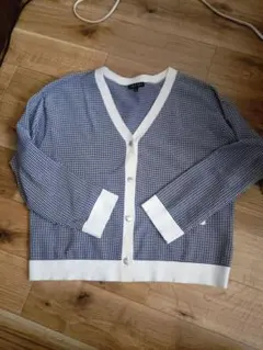 ネイビー・ホワイト チェック柄 カーディガン M