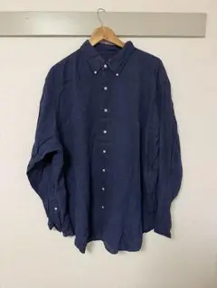 00s ラルフローレン　リネン　長袖シャツ　ネイビー　無地　古着　雰囲気　2XL