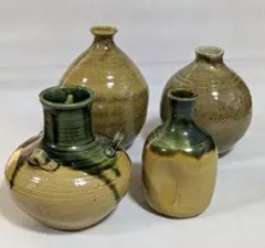 美濃焼　織部　花瓶　４点セット★一輪挿し　徳利　変形花器　花生けのサムネイル