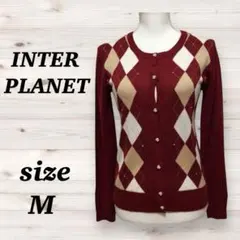 インタープラネット （M)　長袖ニット　カーディガン　アーガイル　　赤　レッド系