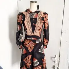 80s vintage 長袖 膝丈 ワンピース 総柄 レース 秋冬 昭和レトロ