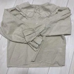 ベージュ ギンガムチェック フリル襟 長袖シャツ