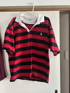 U.S. POLO ASSN. 赤黒ストライプポロシャツ L
