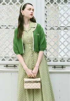 an3○レトロギンガム開衿ワンピース・カーディガンセット