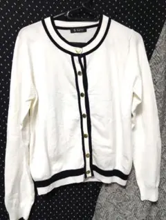 トップス　レディース　Ｌ　カーディガン　白　ホワイト　黒ライン