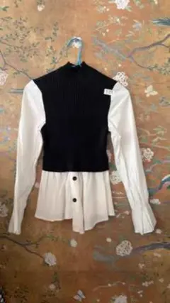 リブ編みハイネックシャツ・長袖・ブラック・ホワイト