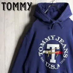 ★希少美品 トミージーンズ 刺繍センターロゴ スウェット パーカー ネイビー L