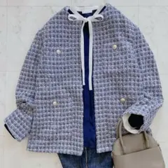 ミラオーウェン　金釦パッチポケットルーズツイードジャケット　ブルー系