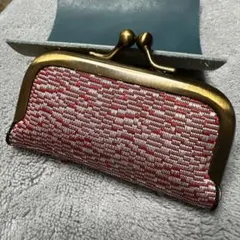 赤と白のストライプ がま口財布　畳縁　革