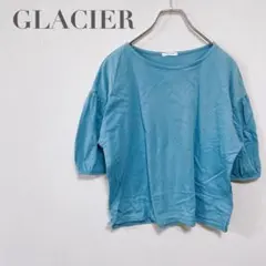 f161【グラシア】七分袖ギャザーブラウス　ライトブルー　クールネック　着回し