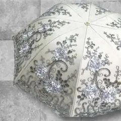 折りたたみ日傘　パラソル 完全遮光 100% UVカット レース 刺繍 3D花柄