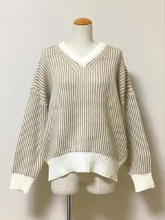 ベージュ ストライプ ニット 韓国 レディース Vネック オーバーサイズ 新品