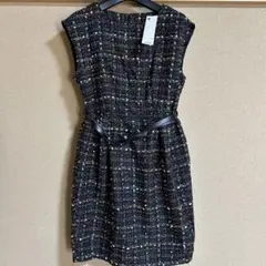 新品タグ付きGUノースリーブ ツイード ワンピース ひざ丈黒L