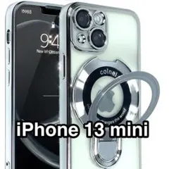iPhone13miniケース 薄型軽量リングスタンド カメラレンズ保護シルバー
