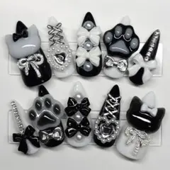 ネイルチップ 現品 地雷系 量産型 リボン 肉球 パール ゴテゴテ ロリータ