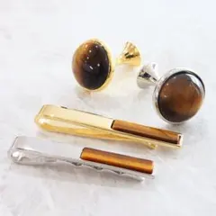 【高級品】天然石 タイガーアイ カフスボタン&ネクタイピンセット パワーストーン
