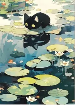 ダイヤモンドアートキット(蓮の葉と猫) 30x40cmのサムネイル