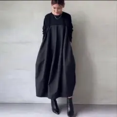 切替コクーンワンピースロング丈　黒　異素材ドッキング体型カバーバルーンワンピース