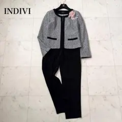 美品❤️インディヴィ　INDIVI セットアップ　ツイード　ノーカラー　パンツ