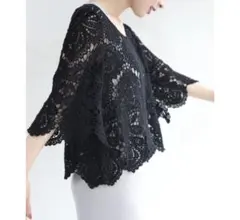 Cawaii 花咲くクロシェ編みニットシアートップス　黒のサムネイル