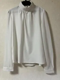 未使用 袖シフォン透け スタンドカラー ブラウス 長袖 ホワイト レディース F