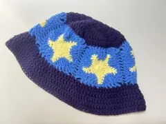 ☆グラニースクエア☆紺×青×黄☆星☆クロシェハット☆クラッシャーハット☆バケハ♢