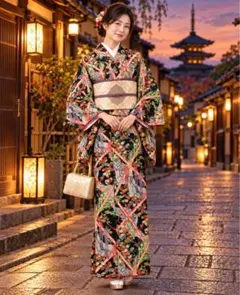 着物-着物袷196【小紋】【正絹】黒地 色鮮やかな花模様 レトロモダン 美品