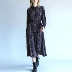 ローリーズファーム　花柄　スタンドワンピース　紺　ネイビー　前開き　ロング丈　M