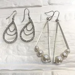 シルバーカラー フックピアス 2点セット｜ラインストーン 雫＆パール 揺れ感