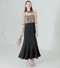 Leja-レース花柄透け切り替えロング丈マーメイドフレアドレスワンピース