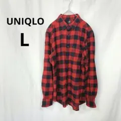 ユニクロ▶ネルシャツ L 赤黒チェック 秋冬 長袖 綿100% メンズ