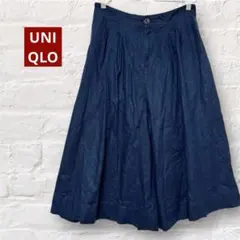 ユニクロ UNIQLO ネイビー リネン混 ワイドパンツ L 紺