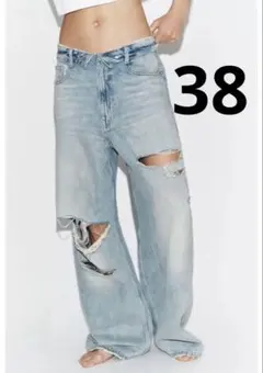 ZARA ミッドライズ折り返しウエストデニムパンツ TRF 34 - メルカリ