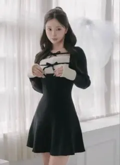 Darich リボンファーフレアニットワンピース　BLK