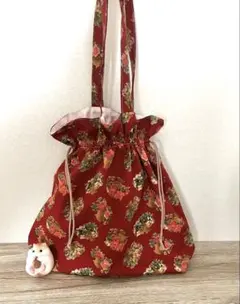 ハンドメイド　レトロ花柄　肩掛け巾着バッグ(大)