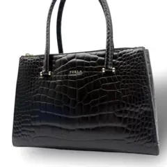 極美品 フルラ トートバッグ ハンドバッグ レザー クロコ型押し 黒