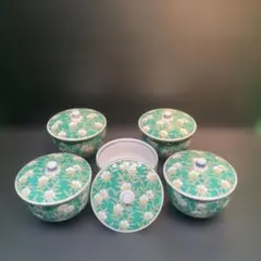 有田焼 明宝窯 緑彩山茶花 蓋付き湯呑み茶碗セット