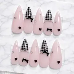 量産型 ワンホン フレンチガーリー 韓国 ちゅるん 千鳥柄 スナ系 ネイルチップ