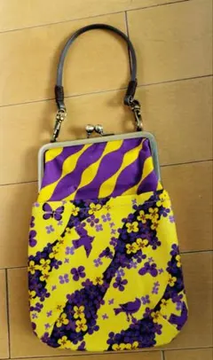 和装花柄がま口バッグ 紫と黄色