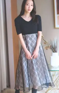リブニット×スパンコールシアーチェックバックレースアップドッキングワンピース　黒