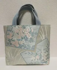 正絹　帯リメイク　トートバッグ 花柄　水色のサムネイル