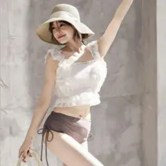 レディース水着 バック3段リボンラメ入りドビーチェックハイウエスト フリルビキニ