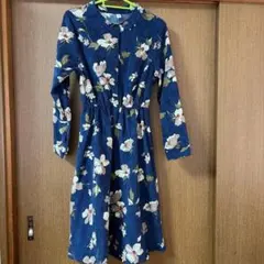 花柄ワンピース 長袖 ロング丈 ネイビー ウエストゴム