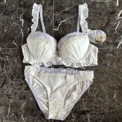 フリル付きブラジャーショーツセット B80 ショーツ Lホワイト/ラベンダー