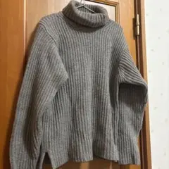 グレー タートルネック リブ編み ニット セーター 長袖 男女兼用